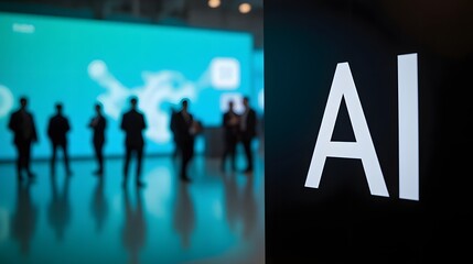 Cutting-edge AI conference with professionals networking and exploring future technology, innovation, and digital transformation at a modern tech event