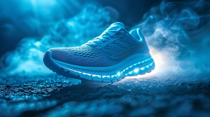 Futuristic blue glowing running shoe in atmospheric smoke