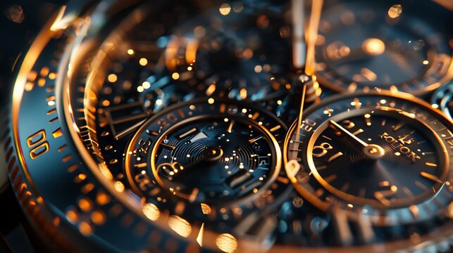 Intricate antique pocket watch gears and clockwork with glowing bokeh lights