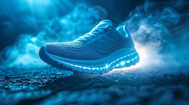 Futuristic blue glowing running shoe in atmospheric smoke