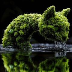 Fototapeta premium AI Generated - Green moss sculpture of a dog in the water, with water droplets glistening on its fur. Professional stock photography. Stock photo. High-resolution. High-res. Premium quality. Premium.