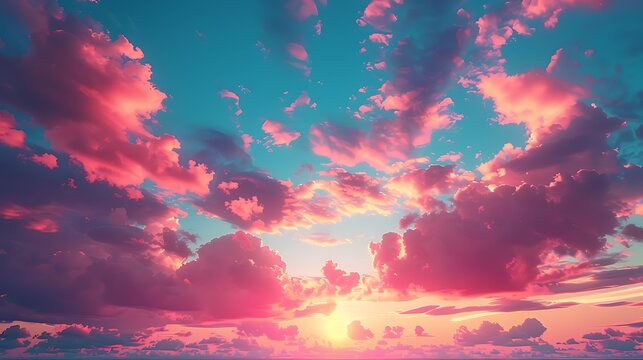 Vibrant sunset sky with pink and blue clouds and bright sunbeams
