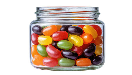 A clear glass jar filled with an assortment of colorful jelly bean candies
