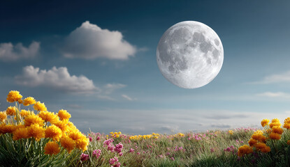 Fototapeta premium Full moon in sky above vibrant field of yellow and pink flowers, serene landscape with soft clouds
