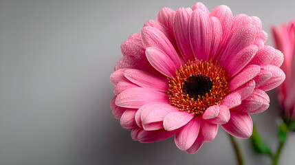 Pink Gerbera Daisy Flower with Water Droplets on Gray Background