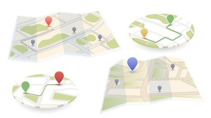 Set of isometric folded paper city maps and circular street navigation icons with colorful location pins and green route lines. Vector illustration.