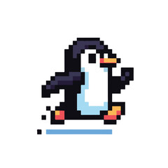 Obraz premium Dynamic Pixel Art Penguin in Full Sprint, a Playful Retro 8-bit Style Illustration Capturing Fast Movement and Agile Spirit for Digital Games and Animated Media Design