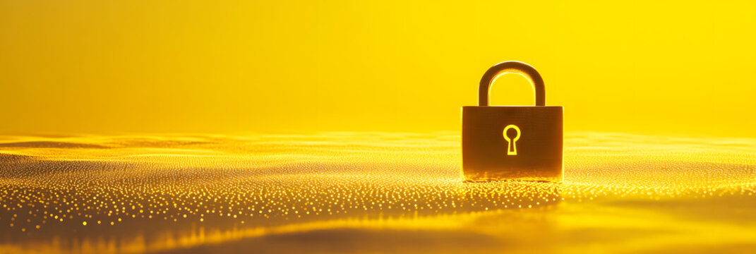 vast sea of shimmering digital data points - a radiant padlock stands as a beacon of cybersecurity and protection wide banner - yellow background