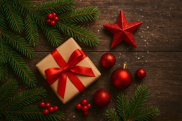 Rustic brown Christmas: Gift, fir branches, red ornaments gleam on wood surface. Use for holiday greeting cards, seasonal designs, product showcases.