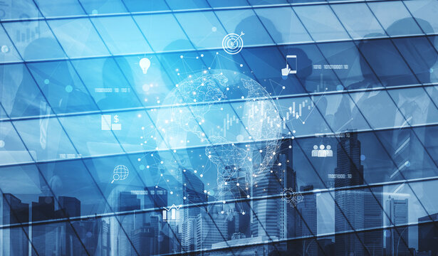 Global business network connecting digital economy and data exchange. Global business expands market, business shares data, global drives finance, and global business supports insight. Vouch