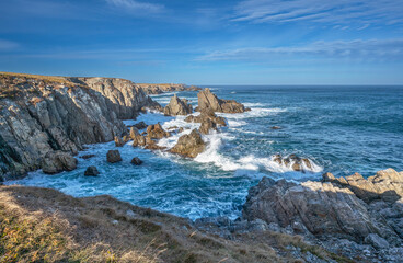 Waves on the rocky shore of Spillars Cove Geopark in Newfoundland and Labrador, Canada