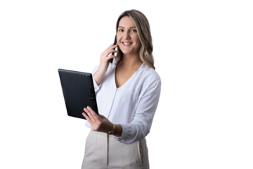 Businesswoman talking on phone and holding tablet, transparent background