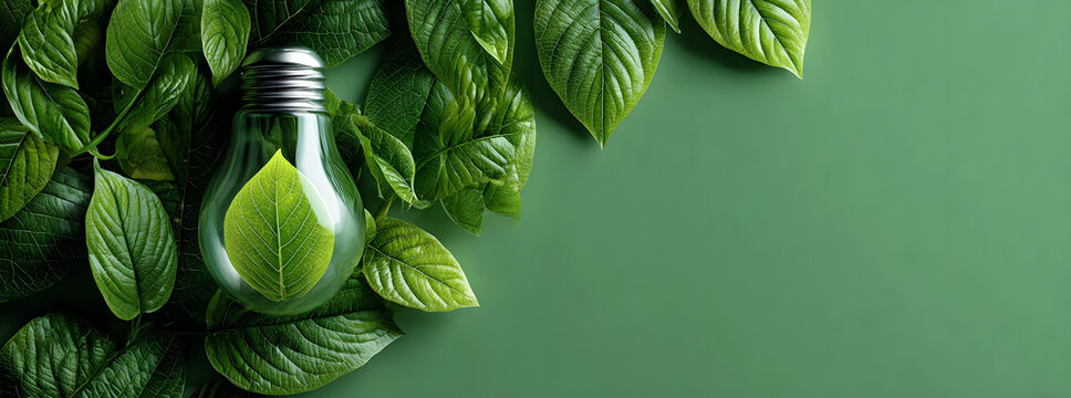 Ecology, save energy and sustainability concept. Environment banner with light bulb with green leaves on green background. Sustainable energy development. Banner size, copy space - Powered by Adobe