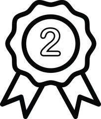 Black and white outline illustration of a second place award badge featuring a bold number two inside a ribbon-shaped emblem