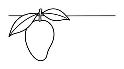 minimalist delicate line drawing of a single hanging mango fruit with leaves and stem on a plain