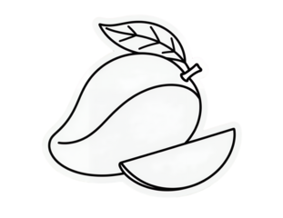 Black and white simple icon of a sliced mango with a leaf on black background