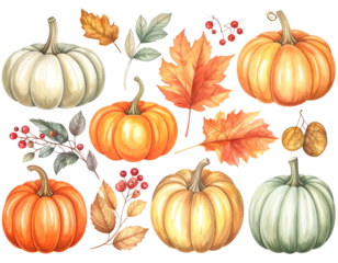 Autumn harvest watercolor collection of pumpkins, leaves, berries