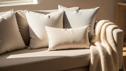 Scandinavian Sofa Close-Up with Linen Pillows and Knit Throw