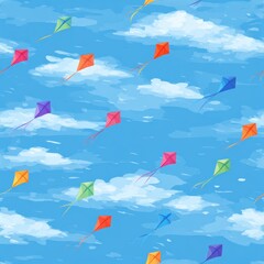 Obraz premium Joyful Kite Flying Scene with Colorful Diamond Shaped Kites Dancing in Blue Sky with Fluffy Clouds