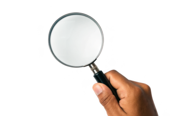 Hand holding magnifying glass isolated on transparent background