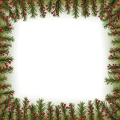 Christmas Botanical Frame Vector with Pine Branches and Red Berries – Festive Holiday Border Illustration