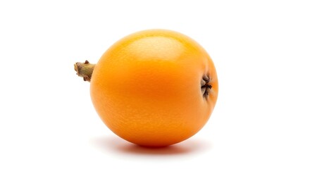 A single ripe loquat fruit with a stem on a white background