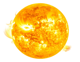 Close-up brilliant, fiery, yellow-orange sun with energetic flares