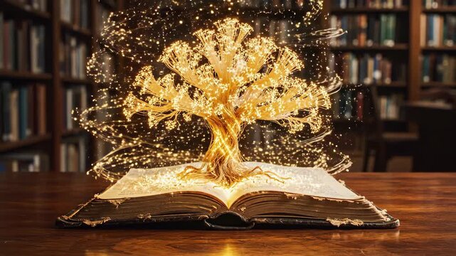 Golden tree emerging from open book in library. Magical growth of glowing branches and particles. Fantasy concept of knowledge blooming and wisdom discovery in ancient shelves.