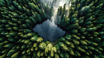 Fototapeta premium AI Generated - Aerial view of a forest with a waterfall cascading down the middle. Professional stock photography. Stock photo. High-resolution. High-res. Premium quality. Premium. Professional grade.