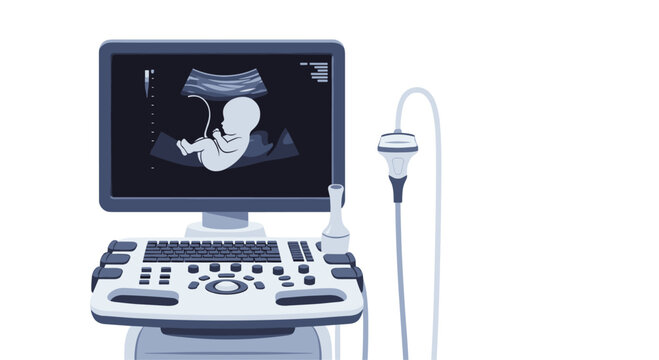 Medical ultrasound machine with a sonogram of a human fetus displayed on the monitor screen for prenatal diagnosis and care.
