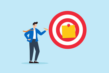 Flat illustration of businessman marking target with sticky note for goal planning and strategy