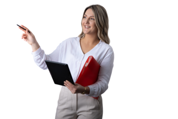 Business woman presenting statistics holding tablet and folder