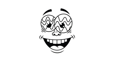 Obraz premium Black and white cartoon face with a crazy, dizzy expression, featuring wavy eyes and a wide toothy grin for a comical effect.