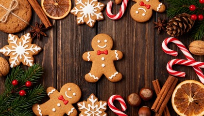Gingerbread Cookie Christmas Background with Holiday Candies and Spices