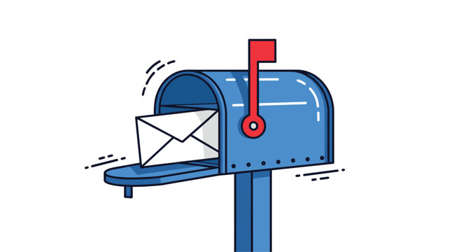 Blue retro-style mailbox with the red flag up, indicating that an envelope has just been delivered or is ready for pickup.