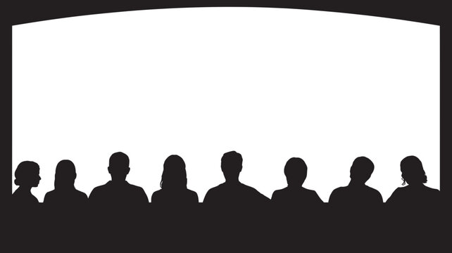 Silhouette of audience watching a presentation or movie on a large blank screen with an arched top, perfect for copy space