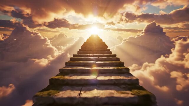 Stone staircase leading upward into radiant heavenly clouds. Slow rising tracking shot showing ethereal ascent toward divine light source. Spiritual journey and enlightenment path visualization.