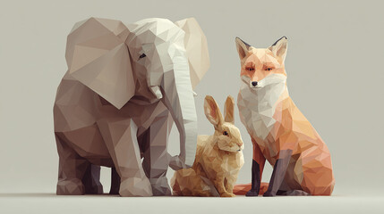 Fototapeta premium A captivating low-poly art composition featuring an elephant, a fox and a rabbit. The three animals are depicted with a minimalist aesthetic
