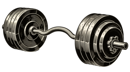 Detailed illustration of a heavy adjustable dumbbell with textured grip on a black background