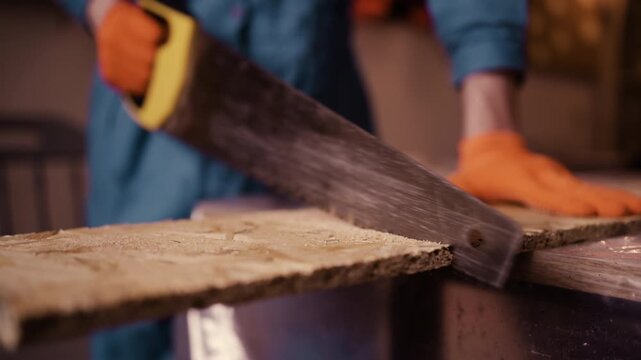 Male carpenter sawing wooden plank working on lumber workshop