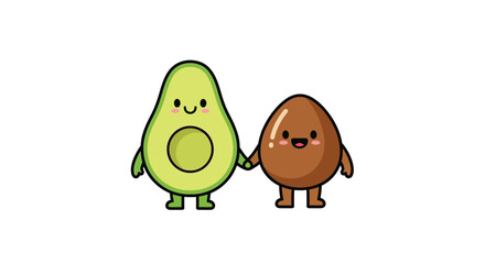 Cute Avocado and Pit Holding Hands Cartoon Illustration