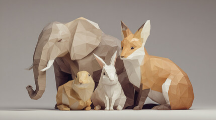 Fototapeta premium A group of origami animals including an elephant, a fox, and two rabbits, together