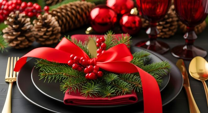 Elegant holiday table setting with black plate, red ribbon, and pine decor