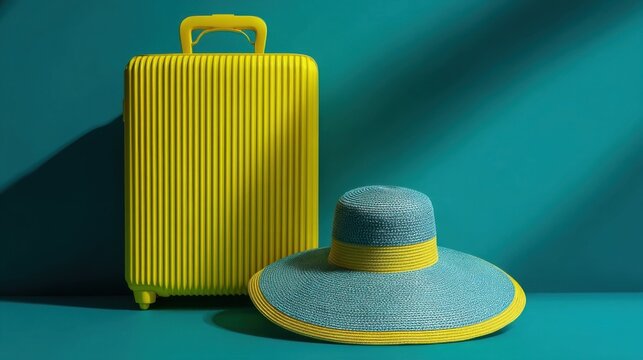 A bright yellow heavy-duty suitcase with horizontal texture paired with an oversized blue straw hat featuring a wide bri
