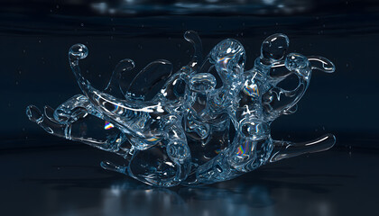 Stunning 3D Render of Water Splash, Transparent Liquid Splashing, Droplets, Crystal Clear Water, Aqua Background, Abstract Artwork, Refreshing Concept.