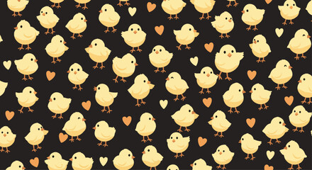 Adorable seamless pattern with cute yellow baby chicks and small orange hearts on a dark background, perfect for Easter or nursery decor.