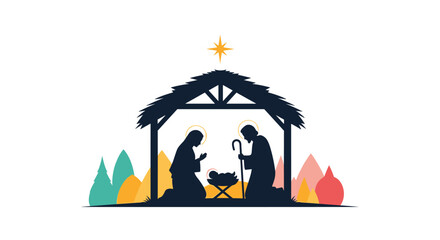 Silhouette of the Christian nativity scene with Mary, Joseph, and baby Jesus in a manger under the star of Bethlehem.