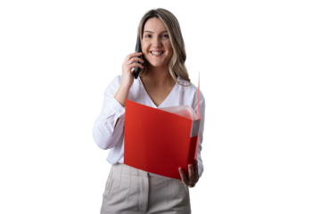 Happy businesswoman talking on phone holding folder transparent background