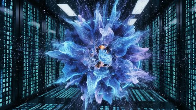 Futuristic corridor activates glowing energy portal in slow motion. Blue electric arcs build to white burst and purple explosion in sci-fi digital hallway for cyber technology concept