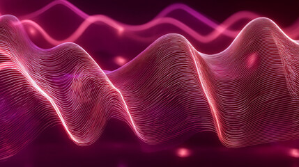 Abstract gradient particle waves seamlessly flowing with soft purple light and bokeh. Orange and blue digital waves. Technology, engineering, science, and artificial intelligence background